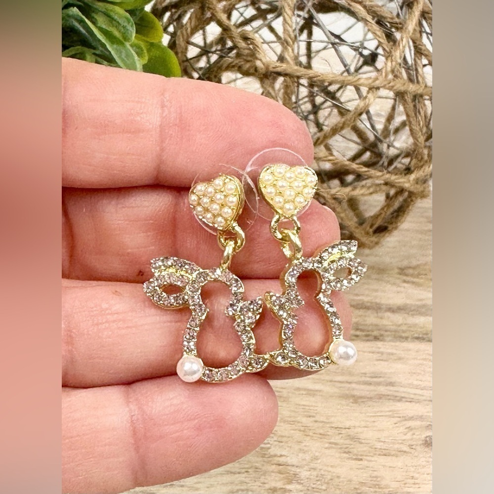 Gold Heart Pearl Bunny Earrings Rhinestone Rabbit Dangle Easter Jewelry